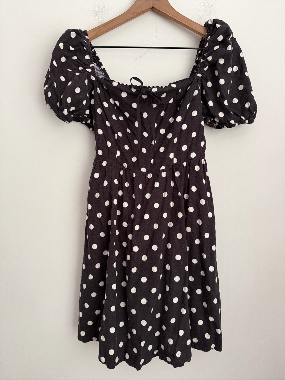 Camila Coelho Polka Dot Dress puff sleeve smocked square neck lace trim Linen S